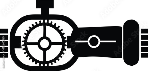 Silhouette of a retro mechanical device with a gear and tubes presents an abstract illustration