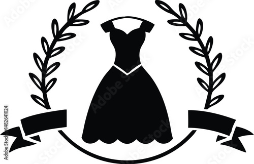 Silhouette dress presented on hanger encircled by laurel wreath and banner against white