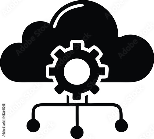 A black cloud features a cogwheel connected to three dots representing cloud computing transparent