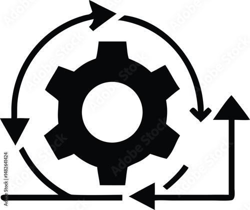 Black gear icon rotates with arrow symbol around on a transparent background