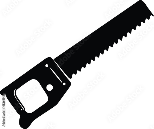 Black silhouette shows a detailed closeup of a hand saw against white space