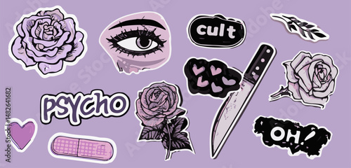 Trendy sticker pack with roses, eye, knife, hearts, bandage, and bold words like "psycho," "cult," and "oh!" in pastel purple and black. Edgy, artsy vibes mix softness with attitude.