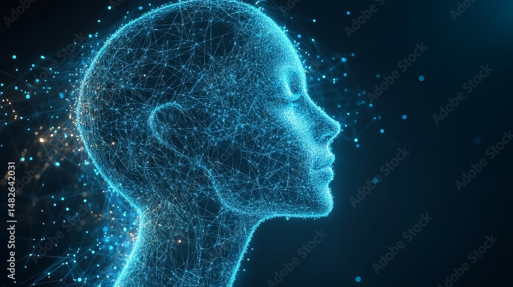 Futuristic Light Blue Digital Human Head in Profile – AI Particle Network, Deep Blue Background & Technological Intelligence Concept Art Futuristic Light Blue Digital Human Head in Profile – AI Particle Network, Deep Blue Background & Technological Intelligence Concept Art