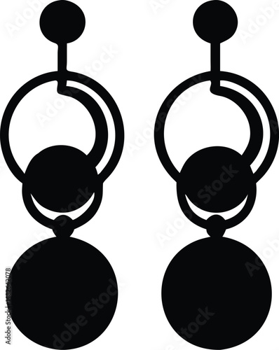 Two stylish black earrings featuring circular and spherical geometric shapes on a transparent background