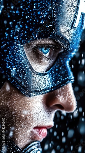 Hero's gaze Masked face, intense blue eyes, amidst falling water. Striking profile portrait