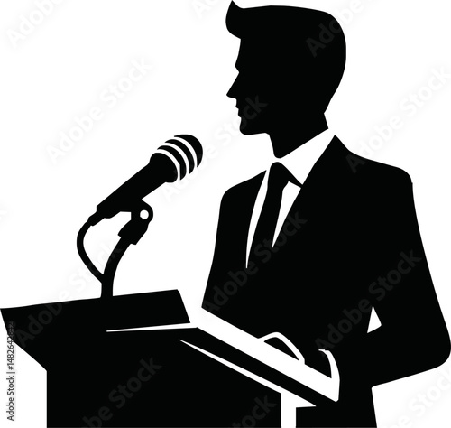 Silhouette of a leader or CEO speaking at a podium, public speaking or leadership concept, flat vector in black and white, minimal and professional style