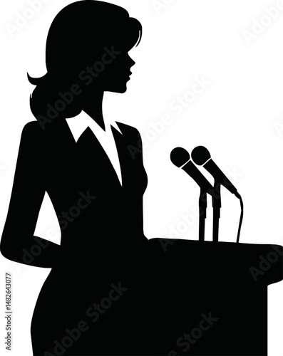 Silhouette of a leader or CEO speaking at a podium, public speaking or leadership concept, flat vector in black and white, minimal and professional style