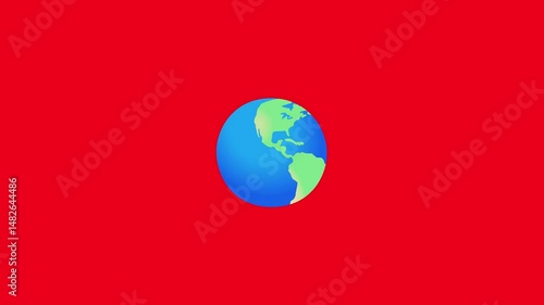 An animated spinning Earth emoji on a solid red screen background, emoji-style design, smooth rotation loop, clean digital art, suitable for chroma key overlays and educational or environmental.