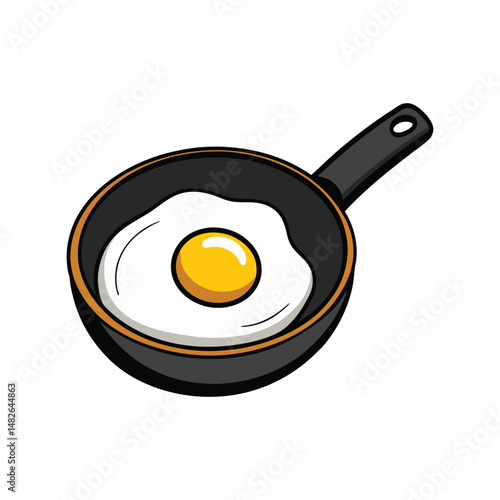 Fried egg in black skillet vector illustration. Breakfast food cooking concept, hot frying pan, sunny side up egg artwork.