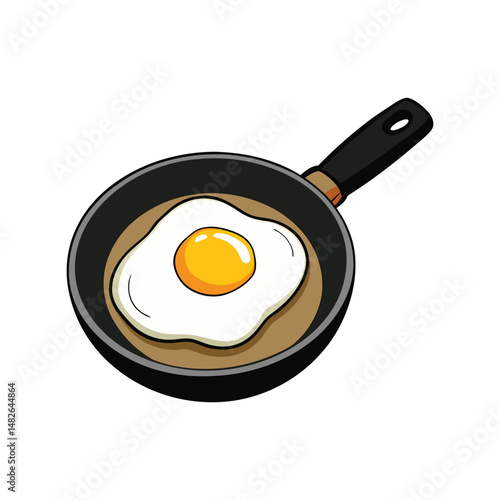 Fried egg in black skillet vector illustration. Breakfast food cooking concept, hot frying pan, sunny side up egg artwork.