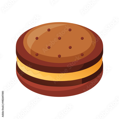 Chocolate sandwich cookie vector illustration. Cream filled biscuit clipart, crispy snack design, sweet dessert graphic.

