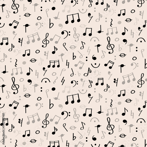 Seamless dense pattern of music notes and symbols for World Music Day or Education Month. Busy seamless pattern featuring small musical icons in black on soft background. Ideal for music-themed produc