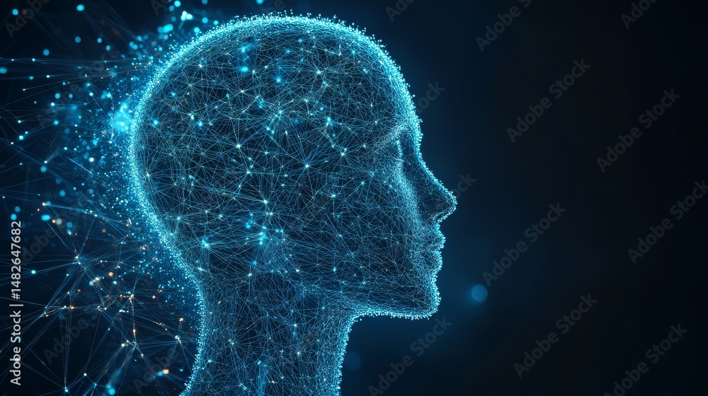 Obraz premium Futuristic Light Blue Digital Human Head in Profile – AI Particle Network, Deep Blue Background & Technological Intelligence Concept Art
