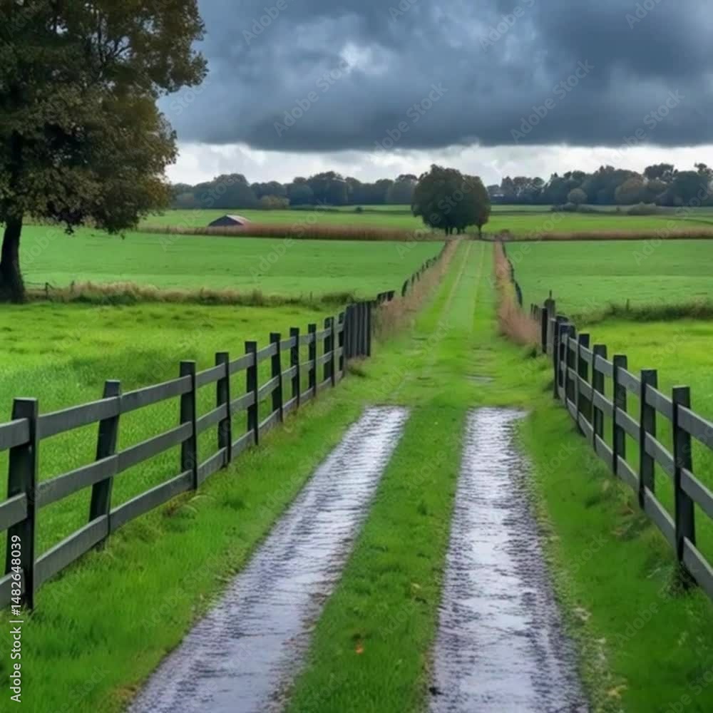 Serene Country Lane with Lush Green Fields and Dramatic Sky Serene Country Lane with Lush Green Fields and Dramatic Sky