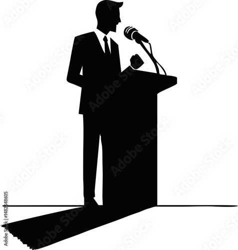 Silhouette of a leader or CEO speaking at a podium, public speaking or leadership concept, flat vector in black and white, minimal and professional style