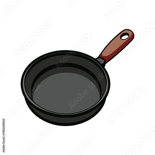 Black skillet vector illustration. Cast iron frying pan clipart, kitchen cookware icon, cooking utensil graphic design.


