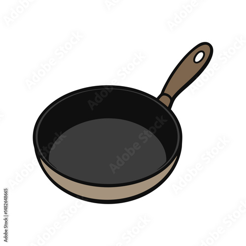 Black skillet vector illustration. Cast iron frying pan clipart, kitchen cookware icon, cooking utensil graphic design.

