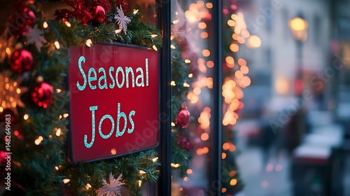 Holiday Season Job Advertisement Sign on Storefront with Christmas Decorations and Festive Lights
