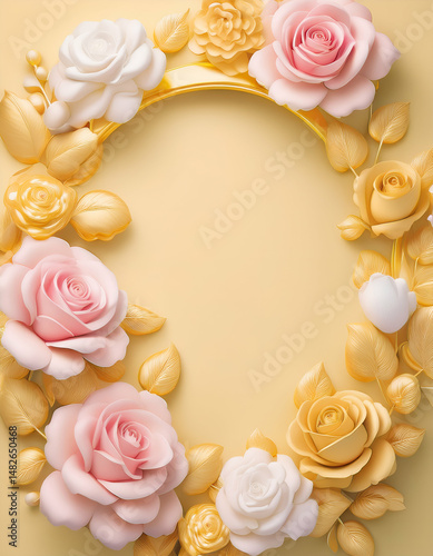 A decorative floral frame featuring pink, white, and yellow roses on a soft background.