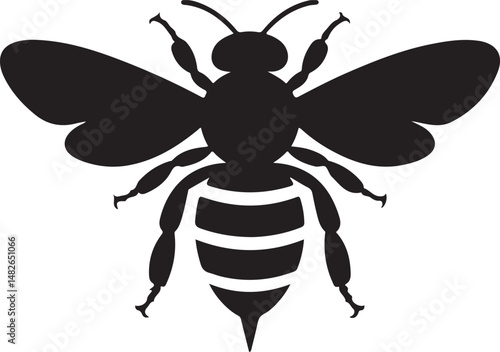 Black silhouette of a bee with spread wings, representing nature, pollination, and industry in minimalist vector style