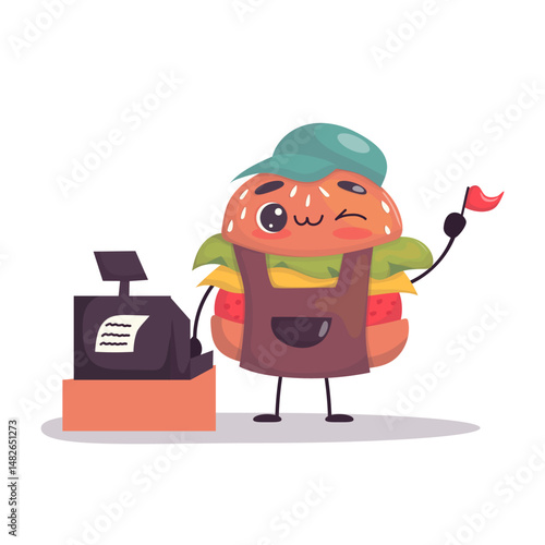 Burger Cashier Mascot Character with Cap. Adorable burger character as cashier in apron and cap. Ideal for food branding, icons, restaurant mascots, or promo materials.
