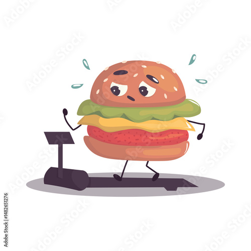 Burger Mascot Running on Treadmill. Funny burger character sweating while jogging on a treadmill. Perfect for fitness humor, food-related content, or app icons.
