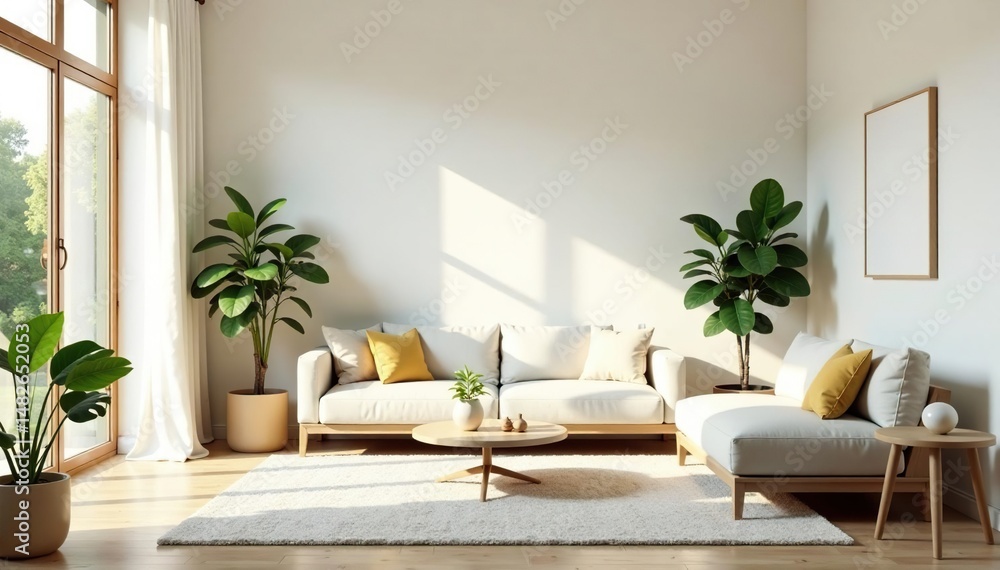 Serene minimalist living room with neutral tones, simple furniture, and natural light Plants add a touch of life , space, contemporary Serene minimalist living room with neutral tones, simple furniture, and natural light Plants add a touch of life , space, contemporary