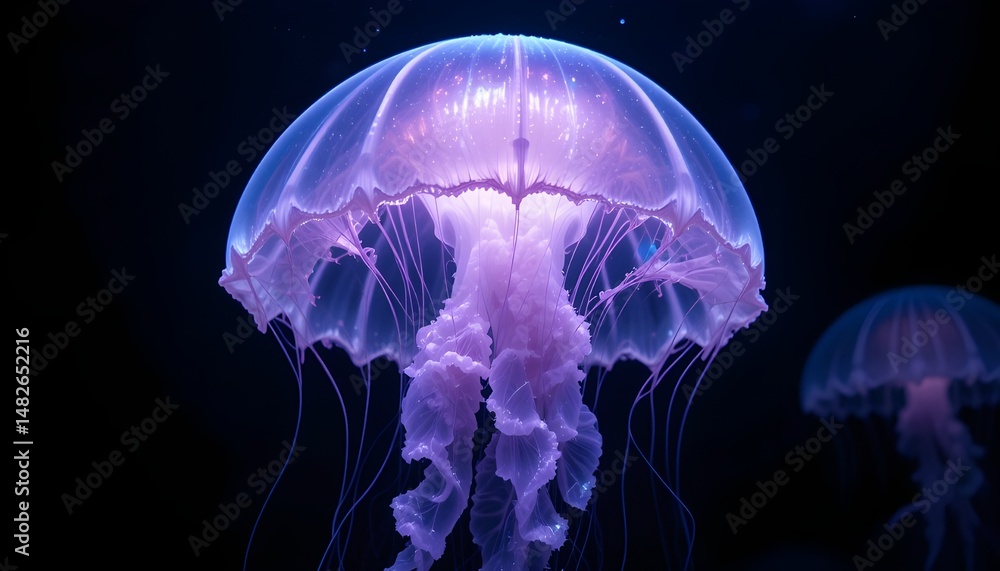Set against the pitch-black hadal zone, a captivating, hyper-realistic close-up of the ghost jellyfish's translucent, umbrella-shaped bell, which radiates an ethereal light with delicate, fluctuating Set against the pitch-black hadal zone, a captivating, hyper-realistic close-up of the ghost jellyfish's translucent, umbrella-shaped bell, which radiates an ethereal light with delicate, fluctuating