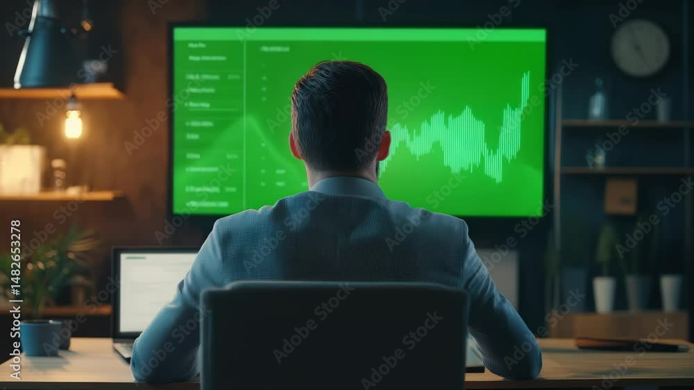 Focused financial analyst observing stock market trends on a vibrant green screen display Focused financial analyst observing stock market trends on a vibrant green screen display