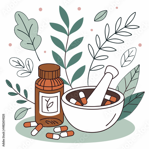 Homeopathic pills. Alternative medicine. Homeopathic treatment and phytotherapy concept. Herbal pills. Herbal capsules in a bottle against a background of leaves. Flat vector illustration