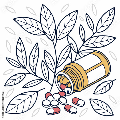 Homeopathic pills. Alternative medicine. Homeopathic treatment and phytotherapy concept. Herbal pills. Herbal capsules in a bottle against a background of leaves. Flat vector illustration