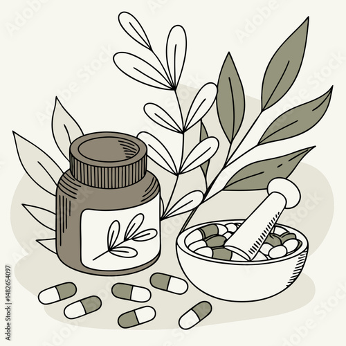 Homeopathic pills. Alternative medicine. Homeopathic treatment and phytotherapy concept. Herbal pills. Herbal capsules in a bottle against a background of leaves. Flat vector illustration