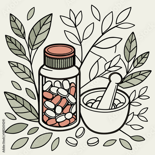 Homeopathic pills. Alternative medicine. Homeopathic treatment and phytotherapy concept. Herbal pills. Herbal capsules in a bottle against a background of leaves. Flat vector illustration