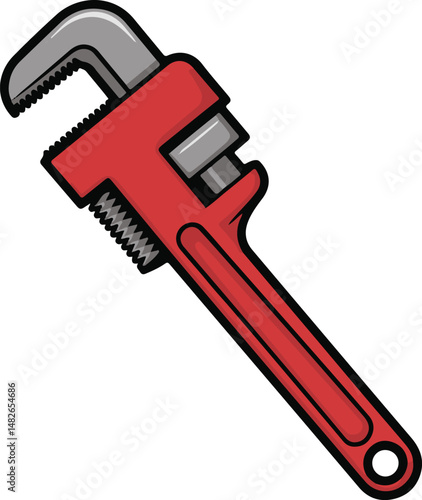 Colorful cartoon illustration of red adjustable pipe wrench isolated on white background for tool design and construction theme