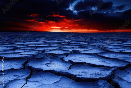 Cracked earth landscape meets dramatic fiery sunset sky, creating an eerie, surreal, desolate vista