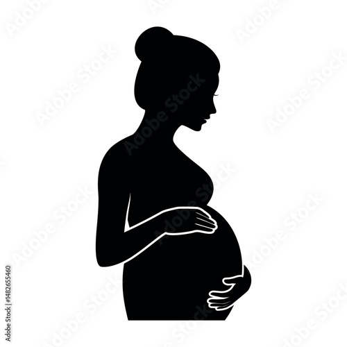 Pregnant women holding her belly black silhouette vector illustration. Silhouette of pregnant woman icon isolated on a white background. Beautiful expectant mother profile view