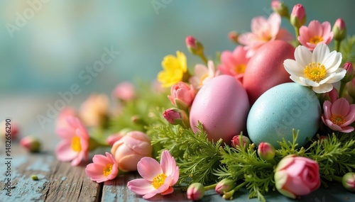 Colorful Easter eggs nestled in a spring flower arrangement, vibrant pastel tones , cheerful, colorful, pastel