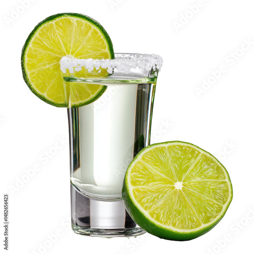 Celebrating tradition with a shot glass of tequila lime slice and salt for a toast, isolated on transparent background