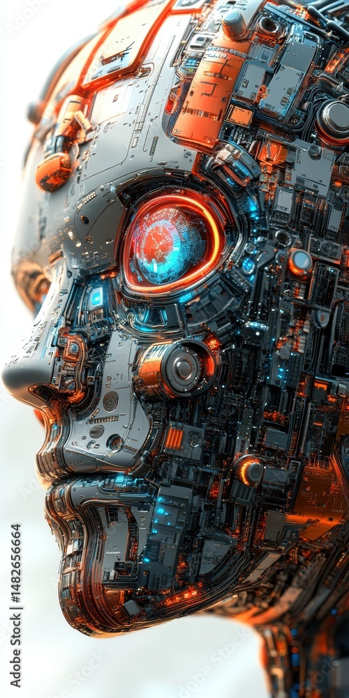 Fototapeta premium Detailed Close-up of a Robotic Humanoid Head with Intricate Wiring