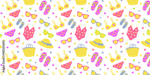 Flat cartoon style summer pattern with beachwear. Swimsuits, flip flops, sunglasses and bags repeating design.