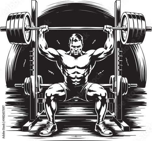 Muscular bodybuilder lifting heavy barbell in gym, black and white intense illustration of strength training and fitness