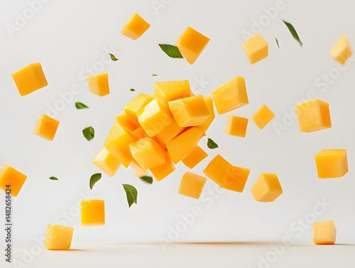 15. A juicy mango cut in cubes on white background