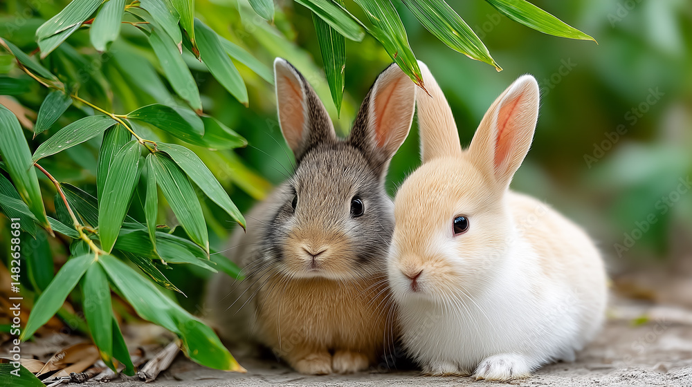 Fototapeta premium Two adorable baby rabbits cuddling together under green foliage on a sunny day.