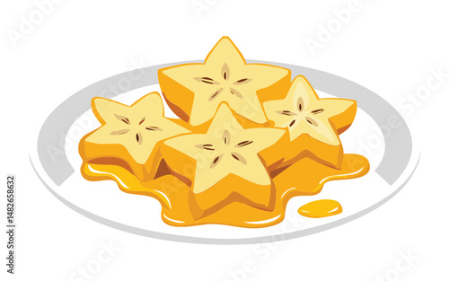 Starfruit Slices with Honey Sauce on a Plate - Vector Illustration
