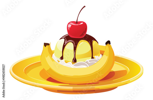 illustration of a banana cake ice cream with cherry topping