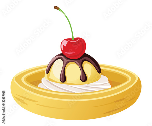 banana cake with cherry topping - vector illustration