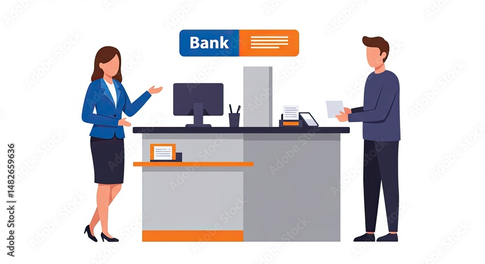 Woman and man at bank counter, financial services, customer, business interaction Woman and man at bank counter, financial services, customer, business interaction