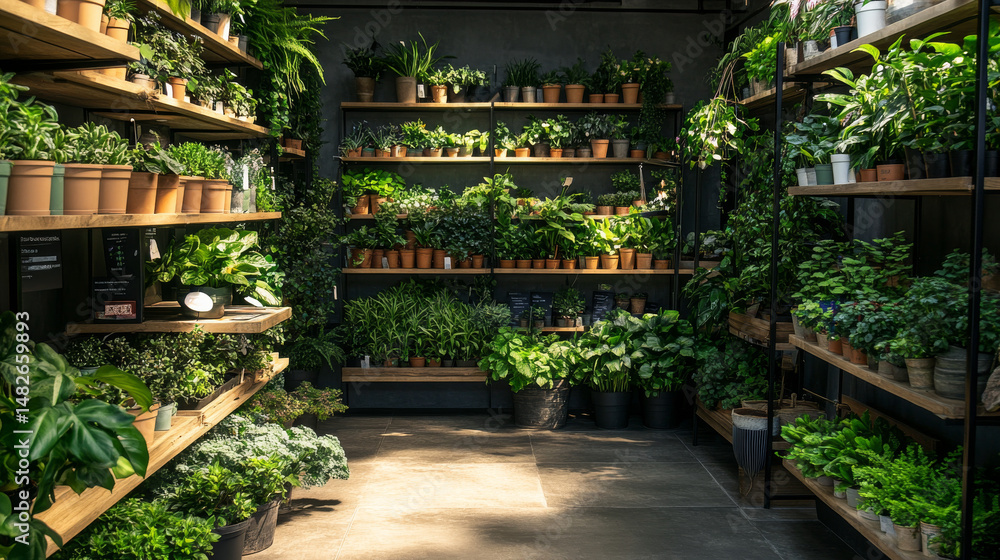 Obraz premium A well-lit indoor plant shop features wooden shelves lined with lush greenery in pots