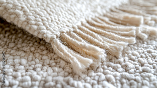 A white woven rug with fringes and a bohemian texture, made from natural wool fibers, shown in close-up