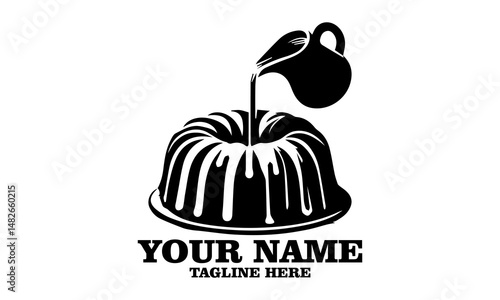 Pouring palm sugar frosting over bundt cake isolated illustration vector art, Pouring icing frosting over bundt cake isolated logo icon and Isolated on a white background 